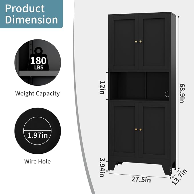 69" Tall Metal Pantry Cabinet with Microwave Stand,Microwave Storage Cabinet with 4 Doors & 3 Adjustable Shelves for Kitchen (4doors-Black, 13.78" D x 27.54" W x 68.9" H)