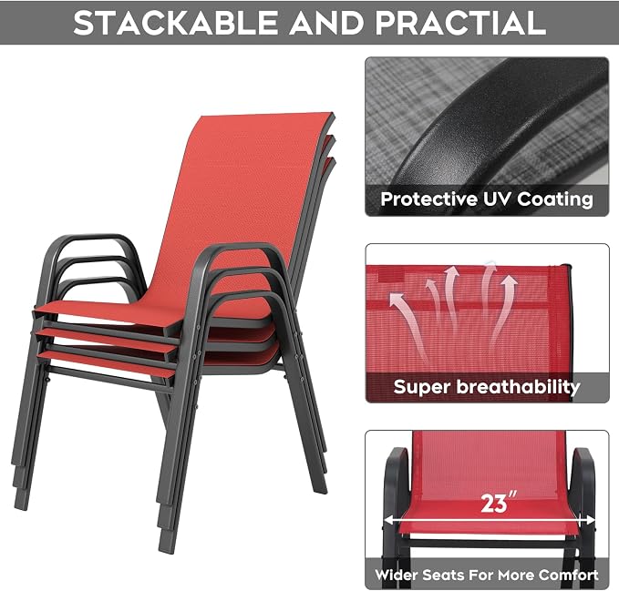 Outdoor Dining Set for 4,5pcs Patio Table and Chairs Set with Adjustable Umbrella Hole,37.8”x37.8” Square Metal Outdoor Table and Stackable Patio Chair for Yard, Garden, Porch
