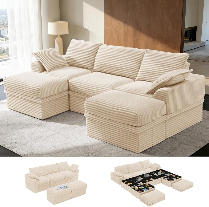 Upgrade Boneless Couch with Storage, Extra Deep&High Seat Modular Sectional Sofa 3 Seater U Shaped Cloud Couch with Ottoman, Tool-Free Assembly Sectional Couches for Living Room