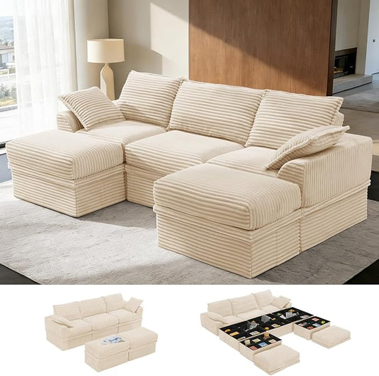 Upgrade Boneless Couch with Storage, Extra Deep&High Seat Modular Sectional Sofa 3 Seater U Shaped Cloud Couch with Ottoman, Tool-Free Assembly Sectional Couches for Living Room
