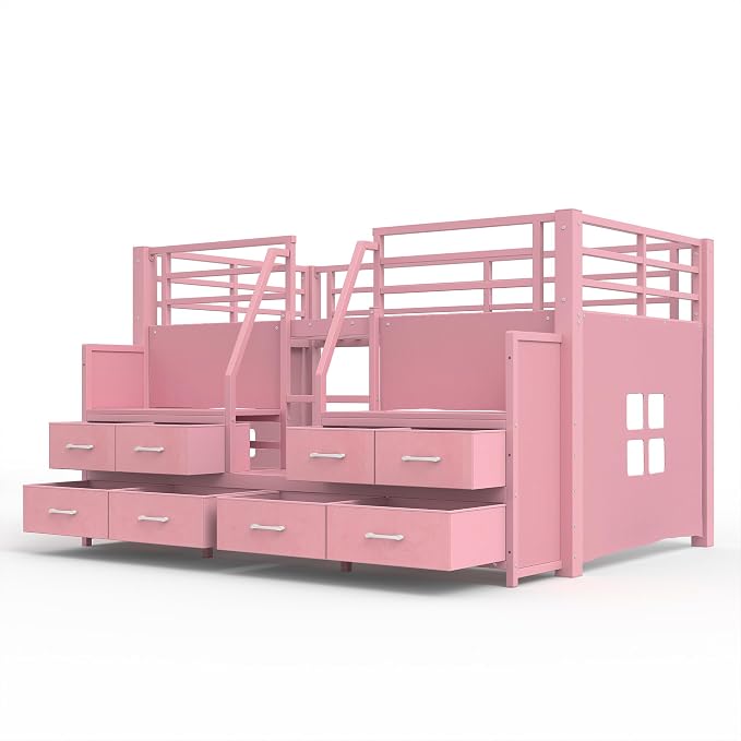 Bellemave Twin Size Low Loft Bed with 8 Fabric Storage Drawers,Metal Loft Bed Frame with Shelves and LED Lights for Boys Girls,Kids Loft Bed Twin Size,Pink