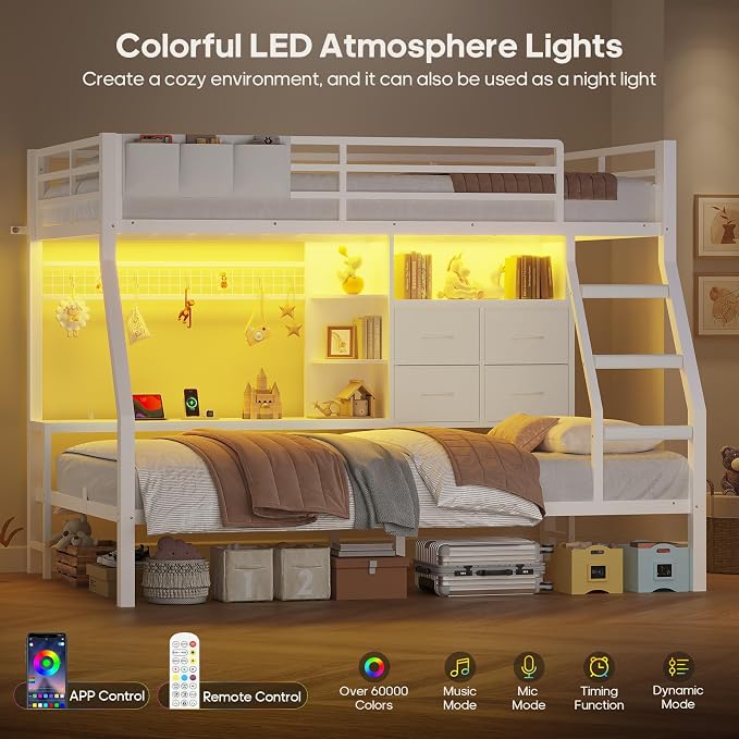 BTHFST Bunk Bed Twin Over Twin with 4 Storage Drawers & Shelves & Bedside Caddy, Twin Bunk Beds with Charging Station & LED Lights, Metal Loft Bed with Safety Guardrail & Angled Ladder for Kids, White