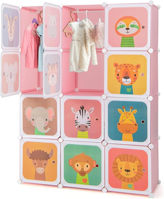HONEY JOY Kids Wardrobe Closet, Baby Cartoon Clothes Storage Organizer, 12 Cubes & 2 Hanging Sections, Portable Children DIY Modular Bedroom Armoire Dresser Cabinet for Boys Girls (Pink)