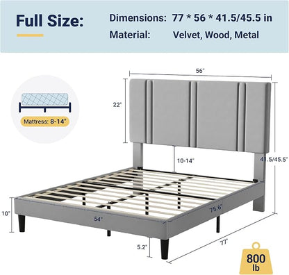 Allewie Full Size Platform Bed Frame with Adjustable Headboard, Plush Velvet Upholstered, Vertical Channel Tufted, Sturdy Wooden Slats, No Box Spring Needed, Easy Assembly, Grey