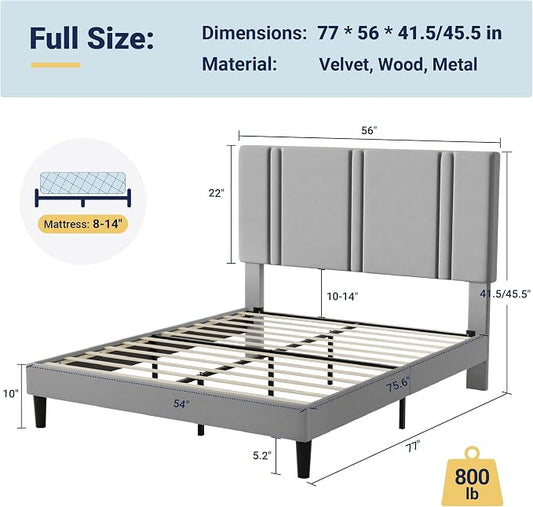 Allewie Full Size Platform Bed Frame with Adjustable Headboard, Plush Velvet Upholstered, Vertical Channel Tufted, Sturdy Wooden Slats, No Box Spring Needed, Easy Assembly, Grey