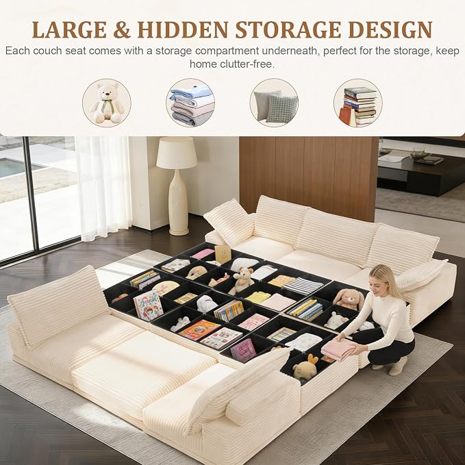 Upgrade Boneless Couch with Storage, Extra Deep&High Seat Modular Sectional Sofa 5 Seater U Shaped Couch with Ottoman, Tool-Free Assembly Sectional Couches for Living Room