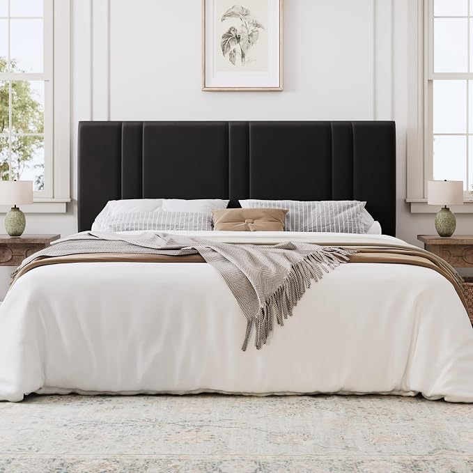 SHA CERLIN King Size Platform Bed Frame, Velvet Upholstered Bed with Adjustable Headboard, Vertical Channel Tufted Design, Sturdy Wood Slat Support, No Box Spring Needed, Easy Assembly, Black