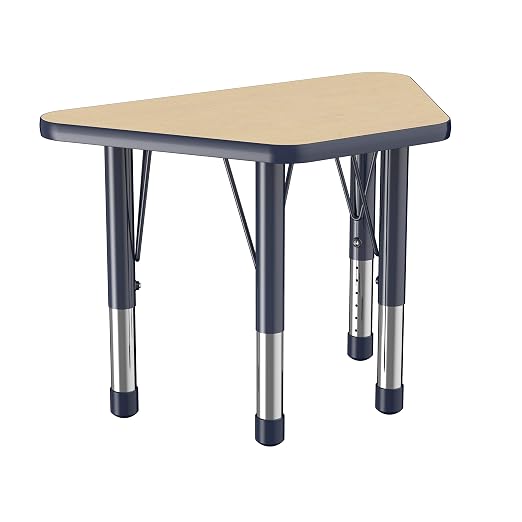 FDP Trapezoid Activity School and Classroom Kids Table (18 x 30 inch), Chunky Toddler Legs for Collaborative Seating Environments, Adjustable Height 15-24 inches - Maple Top and Navy Edge