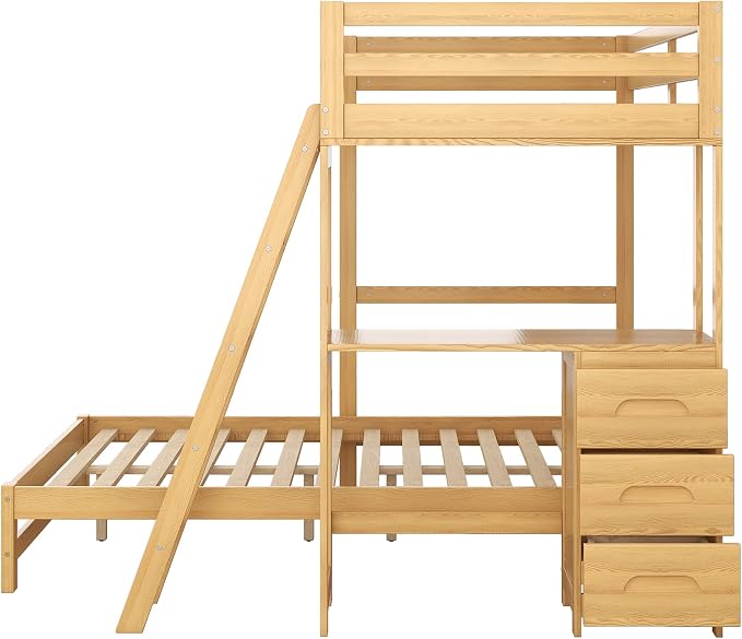 Ball & Cast Twin Over Full Bunk Bed with Safty Guardrail & Stair,Solid Wood Construction W/Built-in Desk & 3 Drawers,Can Divided Into 2 Bedframe,Easy Assembly,for Boy Girl Teen Adult Bedroom,Natural