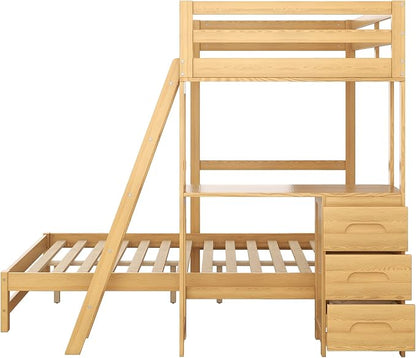 Ball & Cast Twin Over Full Bunk Bed with Safty Guardrail & Stair,Solid Wood Construction W/Built-in Desk & 3 Drawers,Can Divided Into 2 Bedframe,Easy Assembly,for Boy Girl Teen Adult Bedroom,Natural