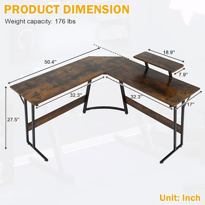 51 Inch L Shaped Gaming Desk Corner Computer Desk with Detachable Monitor Stand for Home Office Learning Gaming Workstation,Brown