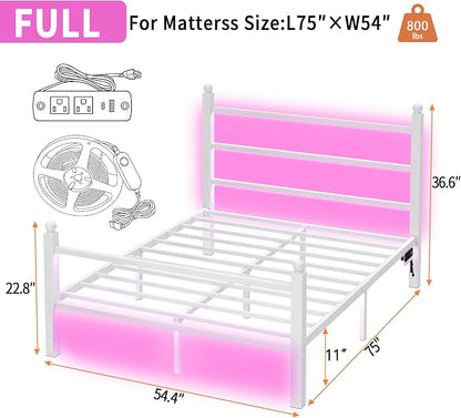 CLIBFENG Full Size Bed Frame with Headboard and Footboard,Steel Slats Support-LED Bed Frame with USB Charging Station,Mattress Foundation-Under Bed Storage,No Box Spring Needed,Noise Free,White