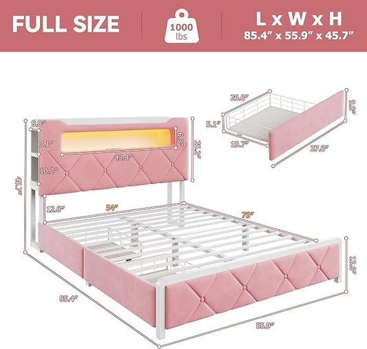 Full Upholstered LED Bed Frame with 2 Storage Drawers and 2-Tier Storage Headboard, Velvet Princess Platform Bed with Charging Station & Bookcase, Corner Bed Frame, Heavy Duty Metal Support, Pink