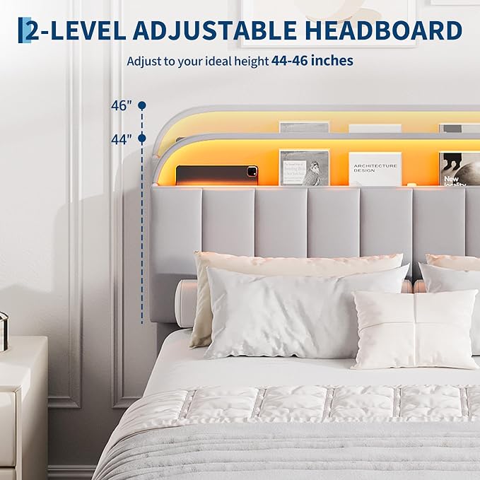 Garvee Twin Size Bed Frame with 2 Flexible Drawers, Velvet Upholstered Platform Bed Frame with Bookcase Headboard and LED Lights, Kids Bed for Girls, Easy Assembly, Noise Free, Grey