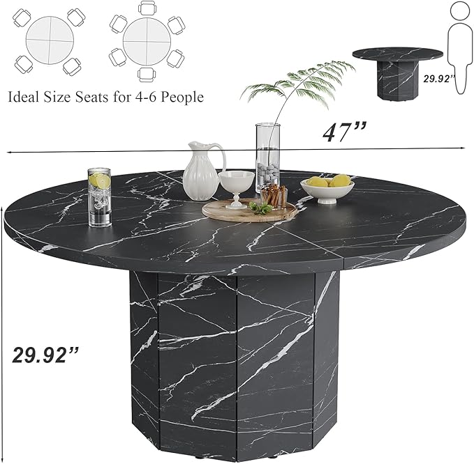 HSH Round Dining Table for 4-6 People, 47” Black Faux Marble Kitchen Table only, Modern Wooden Dinner Table for Living Dining Room with Octagon Base, Black Faux Marble, 47 Inch