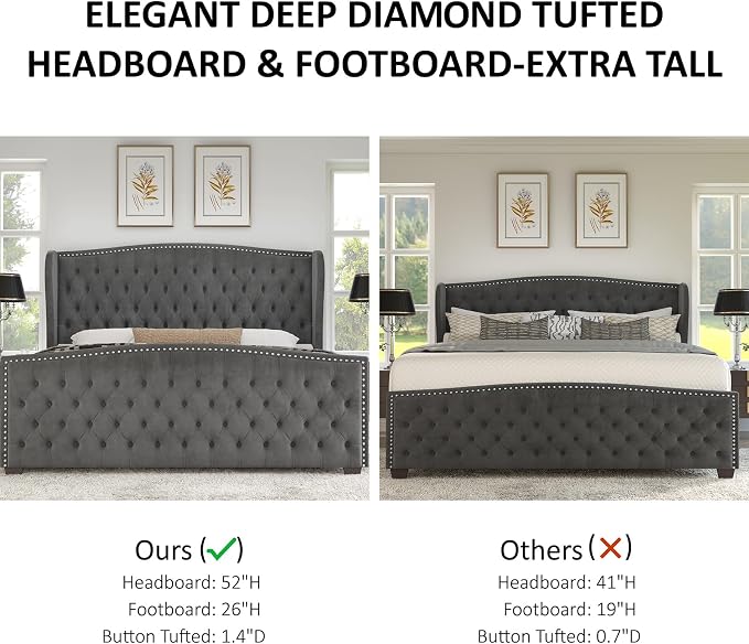 AMERLIFE California King Size Platform Bed Frame, Velvet Upholstered Bed with Deep Button Tufted & Nailhead Trim Wingback Headboard/No Box Spring Needed, Grey