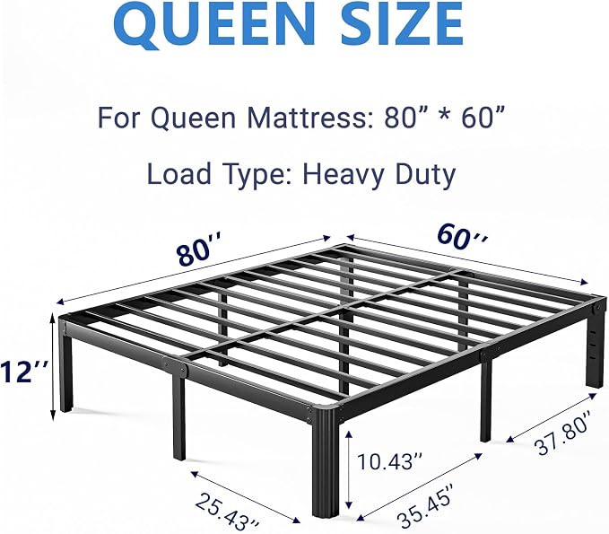 12 Inch High Platform Queen Bed Frame No Box Spring Needed, Metal Bed Frame Queen Size, Noise Free, Easy Assembly, Heavy Duty, Black