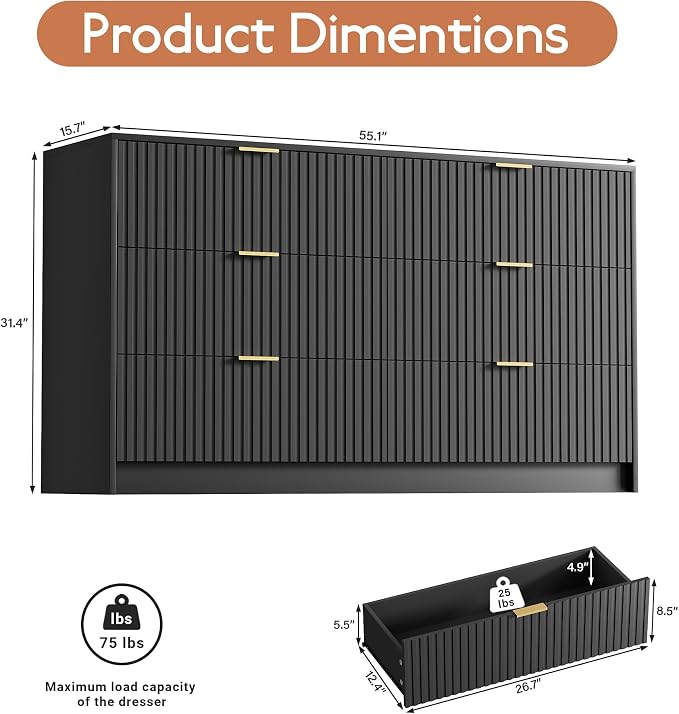 Furniway Black Dresser for Bedroom, Modern Dresser with 6 Drawers and Smooth Slides, Wide Chest of Drawers with Golden Handles for Bedroom, Living Room, Closet, 15.7" D x 55.1" W x 31.4" H