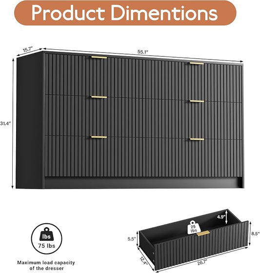 Furniway Black Dresser for Bedroom, Modern Dresser with 6 Drawers and Smooth Slides, Wide Chest of Drawers with Golden Handles for Bedroom, Living Room, Closet, 15.7" D x 55.1" W x 31.4" H