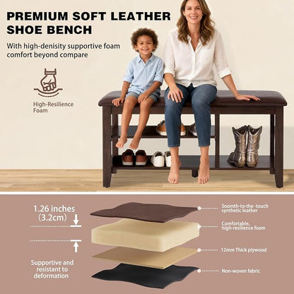 PY HOME & SPORTS Shoe Rack for Entryway 47": 2-Tier Shoe Storage Bench, Adjustable/Removable Shelves, Rubberwood Shoe Benches for Hallway, Porch, Bathroom, Brown