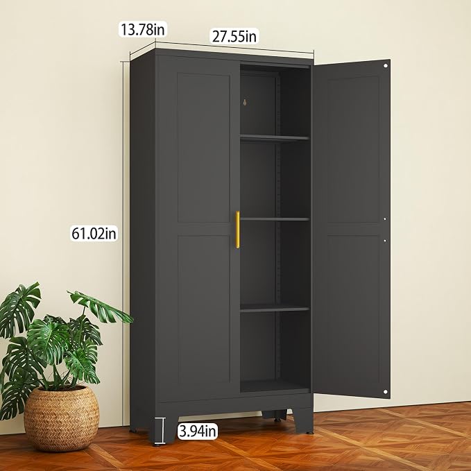 Black Metal Storage Cabinet, 61" Steel Cabinets for Home Office | Kitchen Pantry Storage Cabinet with Doors and 3 Adjustable Shelves, Metal Tool Cabinet, for Office, Home, Garage, School