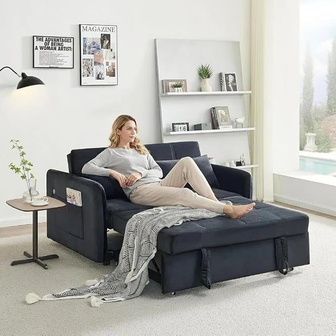 55.5" Velvet Convertible Sofa Bed, Pull Out Sleeper Sofa Bed, Loveseat Couch with USB Charging Ports, 3 in 1 Convertible Sleeper Sofa Bed for Living Room, Apartment, Bedroom, RV, Black