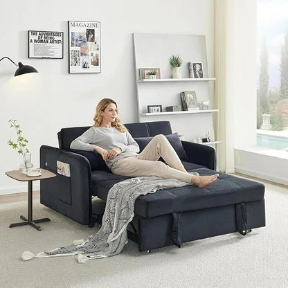 55.5" Velvet Convertible Sofa Bed, Pull Out Sleeper Sofa Bed, Loveseat Couch with USB Charging Ports, 3 in 1 Convertible Sleeper Sofa Bed for Living Room, Apartment, Bedroom, RV, Black