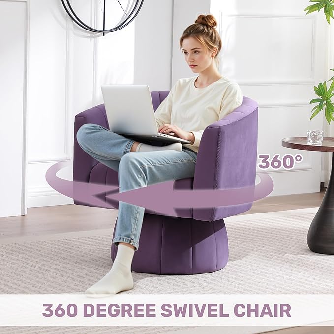 Swivel Accent Barrel Chair Set of 2, Cute Comfy Small Round 360° Arm Chair, Velvet Sofa Club Reading Chair for Living Room Bedroom Office Purple