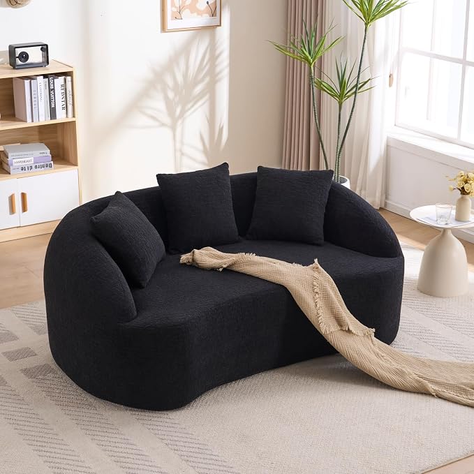 66" Curved Loveseat Sofa for Small Space, Boneless Chenille Boucle Cloud Couch, Luxury Extra High Back & Deep Seat, Oversized Comfort with No Assembly Required for Office, Dorm (Black)