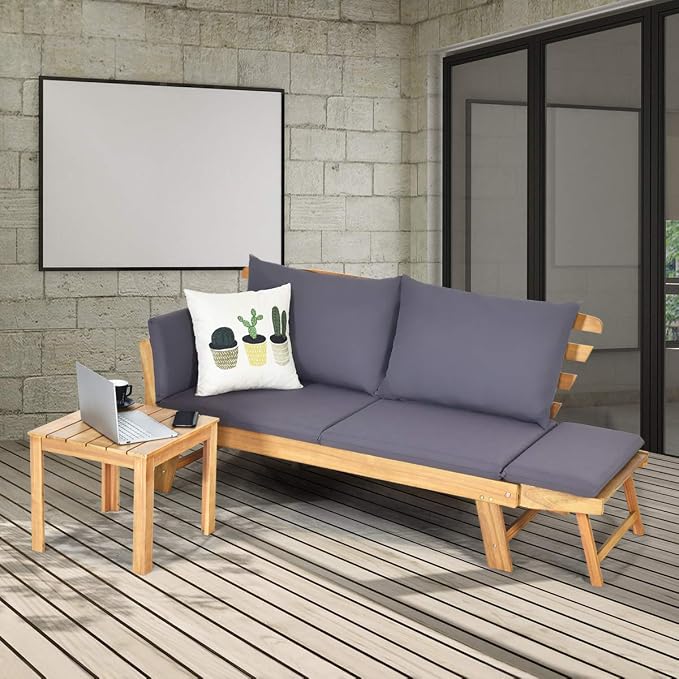 Tangkula Convertible Acacia Wood Patio Couch Sofa Bed with Adjustable Armrest, Outdoor Daybed with Cushion & Pillows, Outside Folding Futon Sofa Couch Bench for Porch, Courtyard, Poolside & Garden