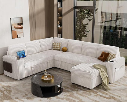 Vipbear 111" Modular Sectional Sleeper Sofa with Pull Out Bed, 7 Seat Plush Corduroy L Shaped Couch with Storage Chaise|USB Ports|Cup Holders|Side Table|Storage Armrests, Tool Free Assembly, Beige