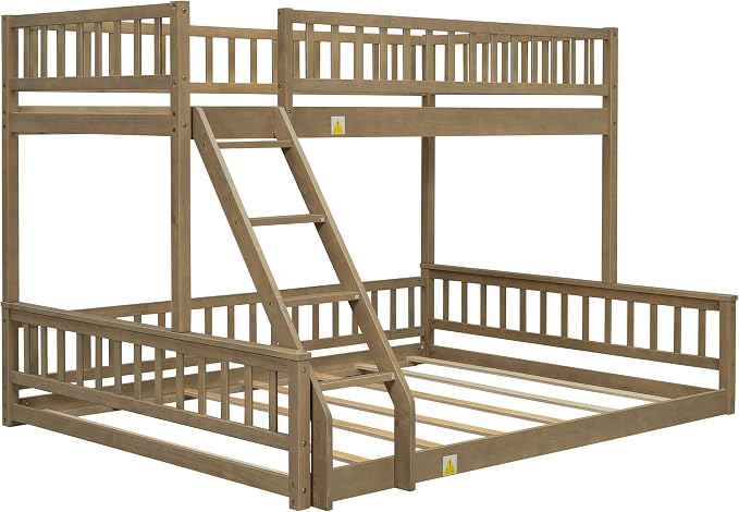 Wood Bunk Bed Twin XL Over Queen Size with Safety Guardrails, Detachable Design Floor Bunk Bed Frame for Kids Teens Boys Girls, Sturdy Slat Support (Walnut-9.30)