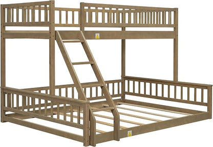 Wood Bunk Bed Twin XL Over Queen Size with Safety Guardrails, Detachable Design Floor Bunk Bed Frame for Kids Teens Boys Girls, Sturdy Slat Support (Walnut-9.30)
