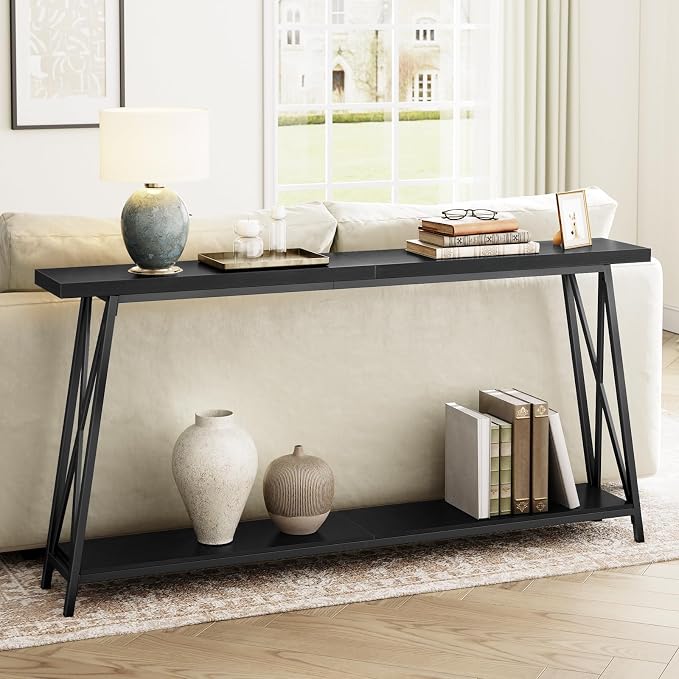 MAHANCRIS Console Table, 63" Industrial Entryway Table, Extra Long 2-Tier Sofa Table Behind Couch, X-Shaped Support, for Entryway, Hallway, Living Room, Black CTHB4801