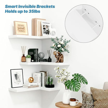 NATURE'S SOURCE Floating Corner Shelves with Invisible Brackets Set of 3, Corner Shelves Wall Mounted, for Home Bedroom Bathroom Kitchen Living Room Office- 16.1" x 11.5" (Pure White)