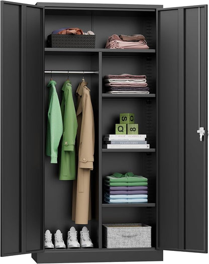 INTERGREAT Metal Wardrobe Closet, 72" Black Locking Storage Wardrobe Cabinet with Locking Doors and Adjustable Shelves, 18" D x 36" W Tall Steel Clothes Storage for Office, Home, School, Gym