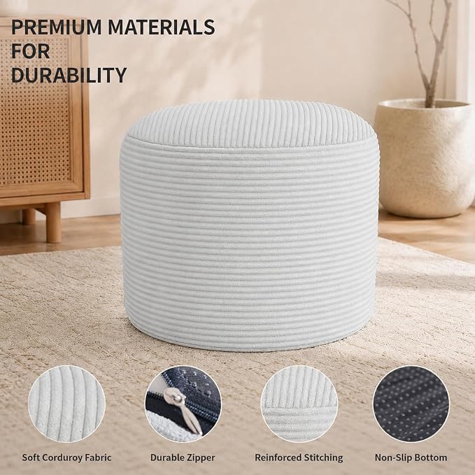 Stuffed Pouf Ottoman Foot Rest with 2.8-inch Solid Foam Base | Odorless Filling Resists Clumping, Washable Corduroy Cover, Round Foot Stool for Living Room Couch Lounging and Home Decor