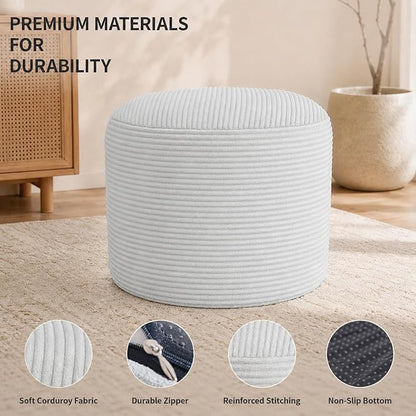 Stuffed Pouf Ottoman Foot Rest with 2.8-inch Solid Foam Base | Odorless Filling Resists Clumping, Washable Corduroy Cover, Round Foot Stool for Living Room Couch Lounging and Home Decor