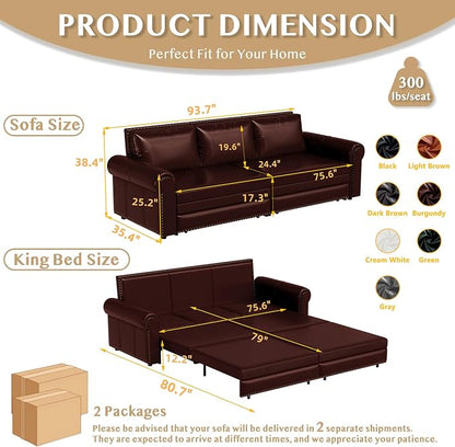 93.7" King Size Sleeper Sofa Bed, Pull Out Sofa Bed, Faux Leather Upholstery, 3 in 1 Convertible Sleeper Couch, Chaise Lounge, Retro Recliner for Living Room, Office, Apartment, Burgundy