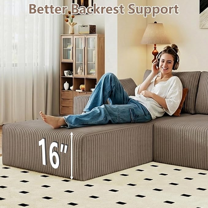 95" Cloud Sectional Couch with L-Shape Chaise, Modular Comfy Sofa Chaise Longue, Upholstered Corduroy Couches Sleeper with Deep Seat for Living Room Bedroom, No Assembly Required(Camel, Left Facing)