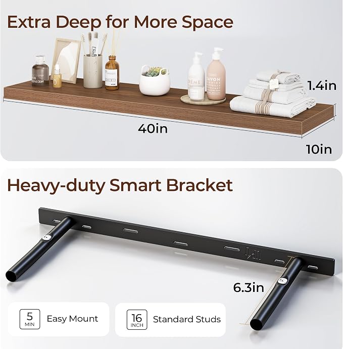 Fun Memories Floating Shelves for Wall 40 Inch Set of 3, Farmhouse Floating Shelves with Invisible Heavy Duty Bracket, 10 Inch Deep Bathroom Shelves for Storage, Living Room, Kitchen, Decor, Walnut