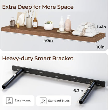 Fun Memories Floating Shelves for Wall 40 Inch Set of 3, Farmhouse Floating Shelves with Invisible Heavy Duty Bracket, 10 Inch Deep Bathroom Shelves for Storage, Living Room, Kitchen, Decor, Walnut