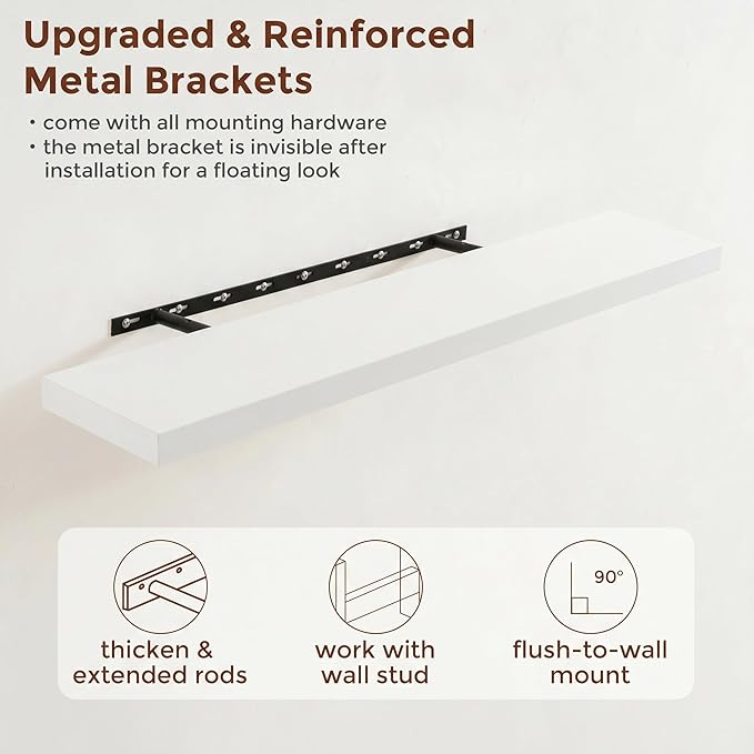fuqing 40 Inch Floating Shelves | 6.7 Inch Deep White Shelves for Wall Set of 2 | 40''W x 6.7''D x 1.4''H White Wood Shelves for Living Room Bathroom Bedroom Kitchen Home Office