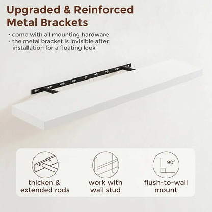 fuqing 40 Inch Floating Shelves | 6.7 Inch Deep White Shelves for Wall Set of 2 | 40''W x 6.7''D x 1.4''H White Wood Shelves for Living Room Bathroom Bedroom Kitchen Home Office