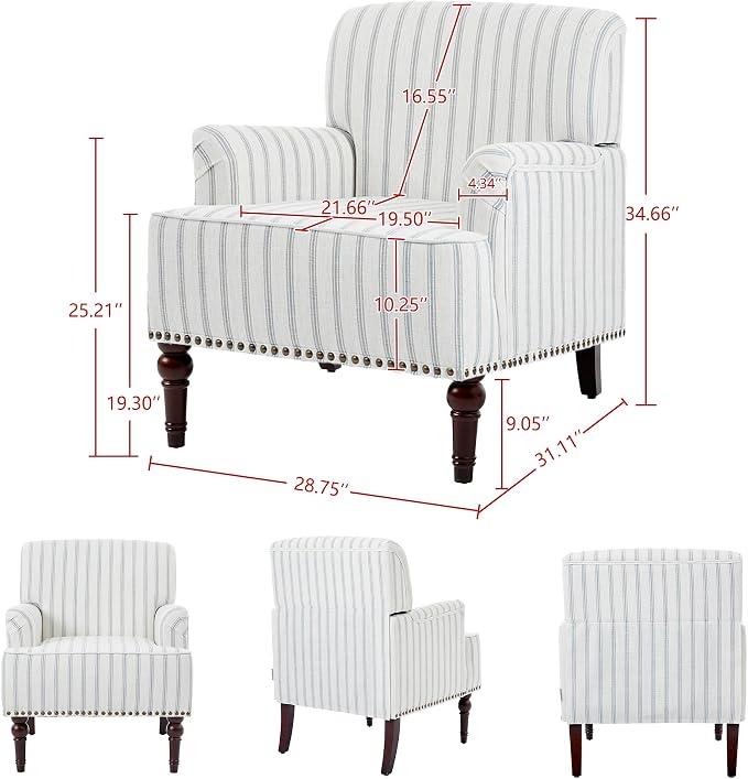 Accent Chair, Mid Century Modern Comfy Armchair for Living Room, Linen Fabric Single Sofa Lounge for Reading Bedroom Apartment Waiting Room with Wood Legs (Pinstripe Light Blue, Set of 1)