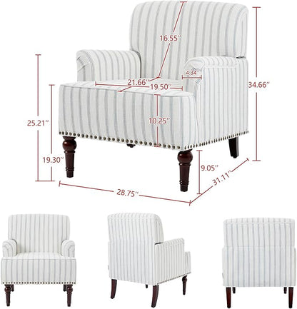 Accent Chair, Mid Century Modern Comfy Armchair for Living Room, Linen Fabric Single Sofa Lounge for Reading Bedroom Apartment Waiting Room with Wood Legs (Pinstripe Light Blue, Set of 1)