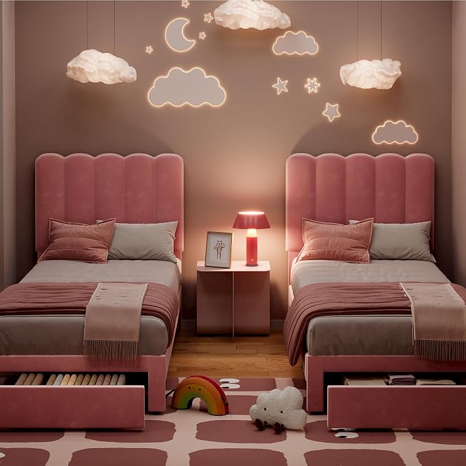 IDEALHOUSE Twin Bed Frame with Storage Drawer and Headboard, Velvet Upholstered Twin Platform Bed Frame for Girls, Strong Wooden Slats Support, Noise-Free, Easy Assembly (Pink)