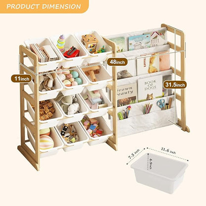 EXPERLAM Toy Storage Organizer with Bookshelf, Kids Toy Organizer and Storage Shelf with 12 White Bins, Solid Pine Wood Book Rack for Playroom, Nursery, Kids Room, Toys and Books