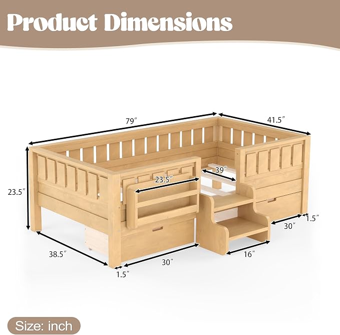 Bellemave Twin Size Kids Montessori Bed with Stairs and Bookshelf,Solid Wood Twin Size Kids Bed Frame with Drawers and Storage for Girls Boys,Low-Profile,Light Natural