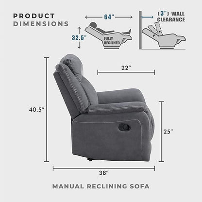 Lexicon Manual Double Reclining Sofa, Polished Microfiber Upholstered 3 Seater Manual Sofa Recliner for Living Room, Wall Hugger, Easy Assembly, Gray